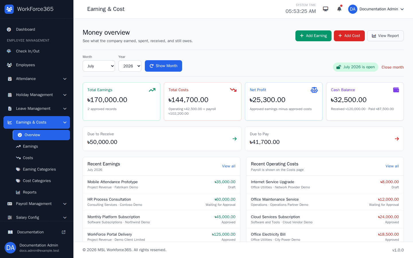 Earning, cost, profit, cash, receivable ও payable-সহ WorkForce365 finance dashboard