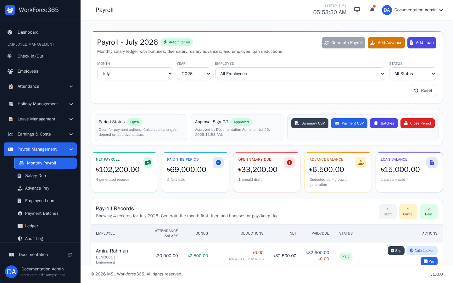 Payroll status, total, deduction, paid amount ও salary due-সহ WorkForce365 payroll dashboard