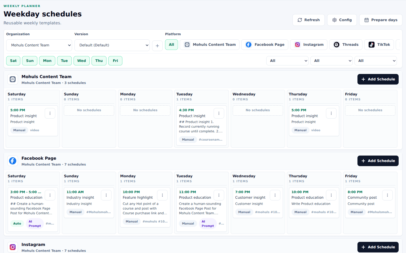ReachFlow weekly schedule showing reusable content plans across connected social channels