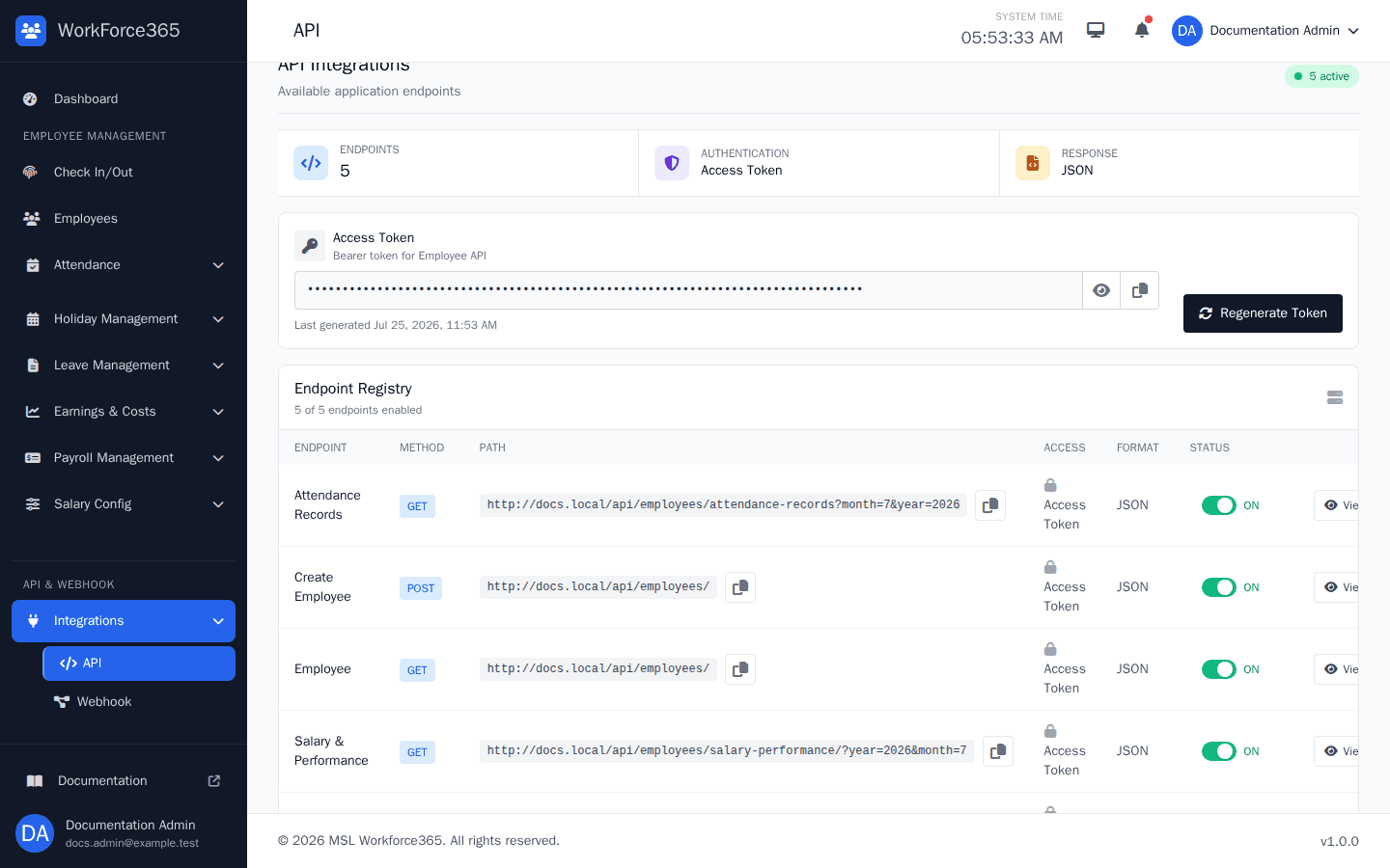 API ও webhook integration-এর WorkForce365 managed endpoint registry